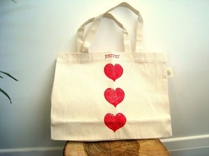 Image of hand block printed bag - big mama - red love hearts or green apples