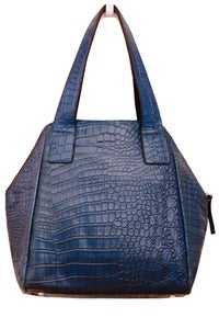Image of Blue Leather 'Croco-Hexagon' Tote