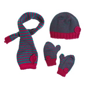 Image of 'Pink Rhubarb' Apricot Hat Scarf and Mittens 100% handknitted merino
