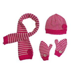 Image of 'Cherry' Apricot Hat Scarf and Mittens 100% handknitted merino