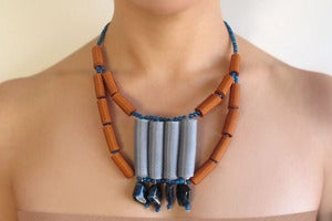 Image of Statement textile necklace with gemstones and glass beads |NK007