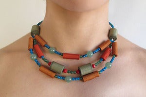 Image of Multicolored necklace with hand-rolled textile beads and gemstones |NK011