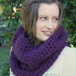 Image of Chunky cowl snood in purple - hand knitted 