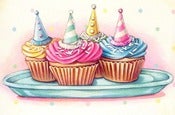 Image of vintage bakery inspired party hats cupcakes matted print