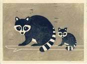 Image of RACCOONS hand-pulled linocut illustration art print