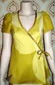 Image of Ladies Cross-Over Top with Sleeve - Yellow Circles