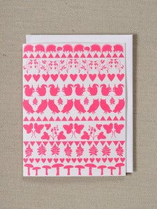 Image of Neon Pink Valentines card - Animals and botanicals in folk pattern -