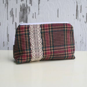 Image of Brown Plaid and Lace Make-Up Bag