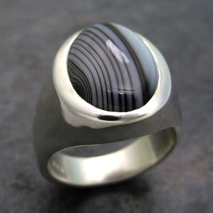 Image of Mens Heavy Oval Black Lace Agate Ring in Solid Sterling