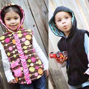 Image of Fleece Hoodie Pattern - Reversible Hooded Vest pattern 1 to 8 years + 18" doll