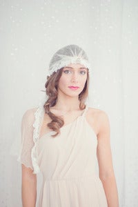 Image of Silk tulle bridal cap with vintage brooch and alencon lace