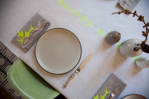 Image of Nearly White linen tablecloth with Citron yellow arrows