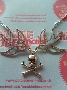 Image of Rockabilly Vintage Style Nautical Swallow and Skull Dark Silvertone Necklace