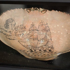 Image of Crab Shell Ink Drawing in Glass Case