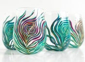 Image of Regal Peacock Stemless Wine Glasses-4 Piece Peacock Feather Collection 