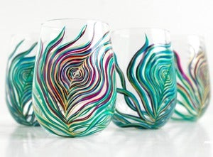 Image of Regal Peacock Stemless Wine Glasses-4 Piece Peacock Feather Collection 