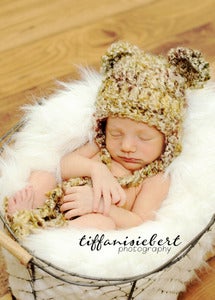Image of Newborn Fuzzy Bear beanie with earflaps in Pheasant