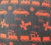 Image of Denim fabric panel - 'Wings & Wheels' design in red