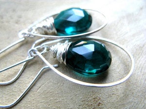 Image of Peacock Blue Quartz Halo Hoop Earrings in Sterling Silver