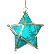 Image of Aqua Star hanging glass lantern- for tea light candle