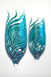 Image of Peacock Feather Wedding Champagne Flutes - Set of 2 Personalized Toasting Flutes
