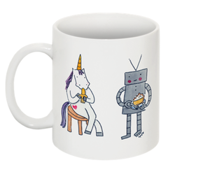 Image of Mugs: Unicorn and Robot Eating Banana and Cream Pie
