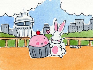 Image of Original Framed Mini Painting: Cupcake and Bunny in Seattle!