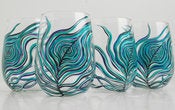 Image of Peahen Peacock Feather Stemless Wine Glasses-Set of 4
