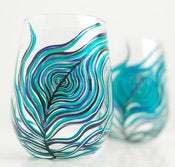 Image of Peahen Peacock Feather Stemless Wine Glasses-Set of 2