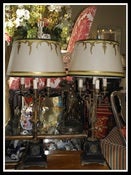 Image of Superb Pair Antique Empire Bronze Candelabra Lamps w Gilded Parchment Shades