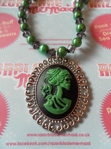 Image of Beautiful Skeleton Dead Lady Skull Lolita Cameo Necklace on Green Pearls and Dark Grey Clear Beads