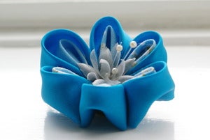 Image of Turquoise and Blue Kanzashi Flower Brooch Pin: Kanzashi Corsage in Blue Teal