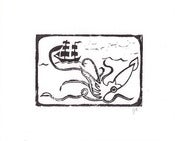 Image of maritime battle - 8x10 linocut print - black