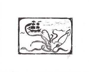 Image of maritime battle - 8x10 linocut print - black
