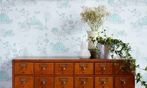 Image of Woodlands Wallpaper Blue Green Grey