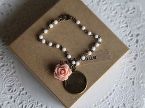 Image of Handstamped "Splendor" Charm and Peach Rose Bracelet