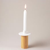 Image of Cylindrical wood & stoneware candleholder natural