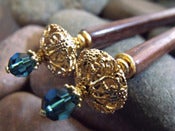 Image of Indicolite Victoriana Hairsticks | Vintage Filigree Style Brass, Teal Swarovski Crystals