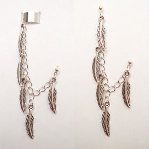 Image of Single Multi Feather Chain with Double Piercing or Earring Cuff