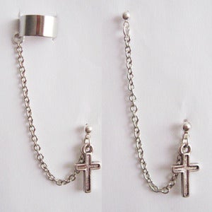 Image of Single Cross Chain with Double Piercing or Earring Cuff
