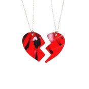 Image of Ltd. Edition BFF 2 piece Heart Necklaces made from a recycled RED SPLATTER vinyl record.