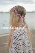Image of Pink Floral and Pink Ivy Leaf Trim Festival Floral Hair Crown/Garland