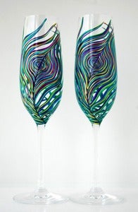 Image of Peacock Feather Champagne Flutes - Set of 2 Personalized Wedding Toasting Flutes