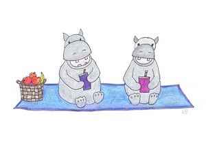 Image of Hippos Picnic, Fine Art Wall Print 8x10, Children's Illustration, Nursery, Young at Heart, Watercolo
