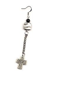 Image of Jerrica - Asymmetrical Feather & Silver Cross and Chain Earring