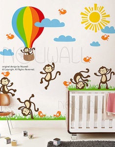 Image of Vinyl Wall Decal Wall Sticker Kids Decal - Sunny Day Monkey on Grass, hot air balloon