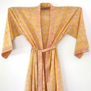 Image of Anokhi Half Length Cotton Robe Yellow and White 
