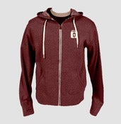 Image of embroidered logo, thumb holes, headphone pocket (Burgundy)