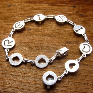 Image of Custom Initial Bracelet with Heart Shapes - Handmade Sterling Silver Heart and Initial Bracelet