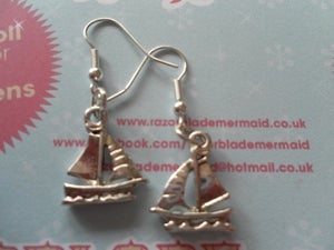 Image of Silver Coloured Sailing Boat Yacht Earrings Seaside Nautical Boating 